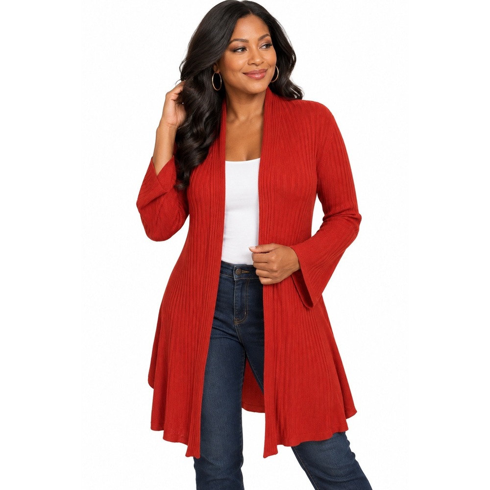 Ava Burnt Orange Ribbed Open Front Cardigan Women's Long Sleeve